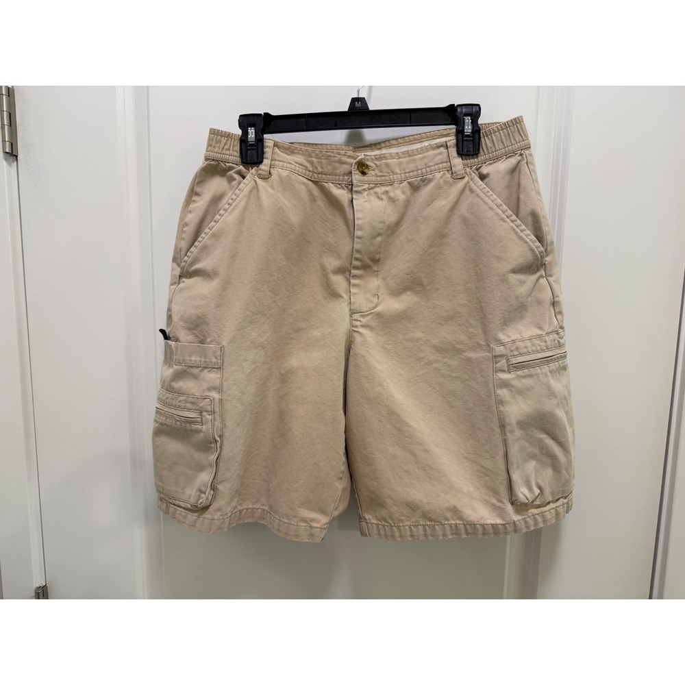 John Ashford Adventure Men 33 Khaki Tan Cotton Canvas Cargo Shorts Elastic Waist - Picture 1 of 6